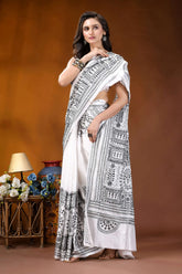 Black thread warli motif hand embroidered silk kantha saree in white woman wears white saree intricate 4