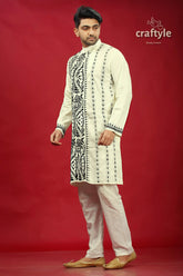 Black thread work cream-white kantha cotton panjabi for men embroidered men’s kurta pajama set 3
