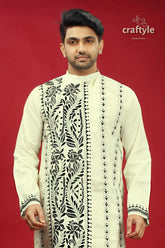 Black thread work cream-white kantha cotton panjabi for men embroidered cream-colored kurta 2
