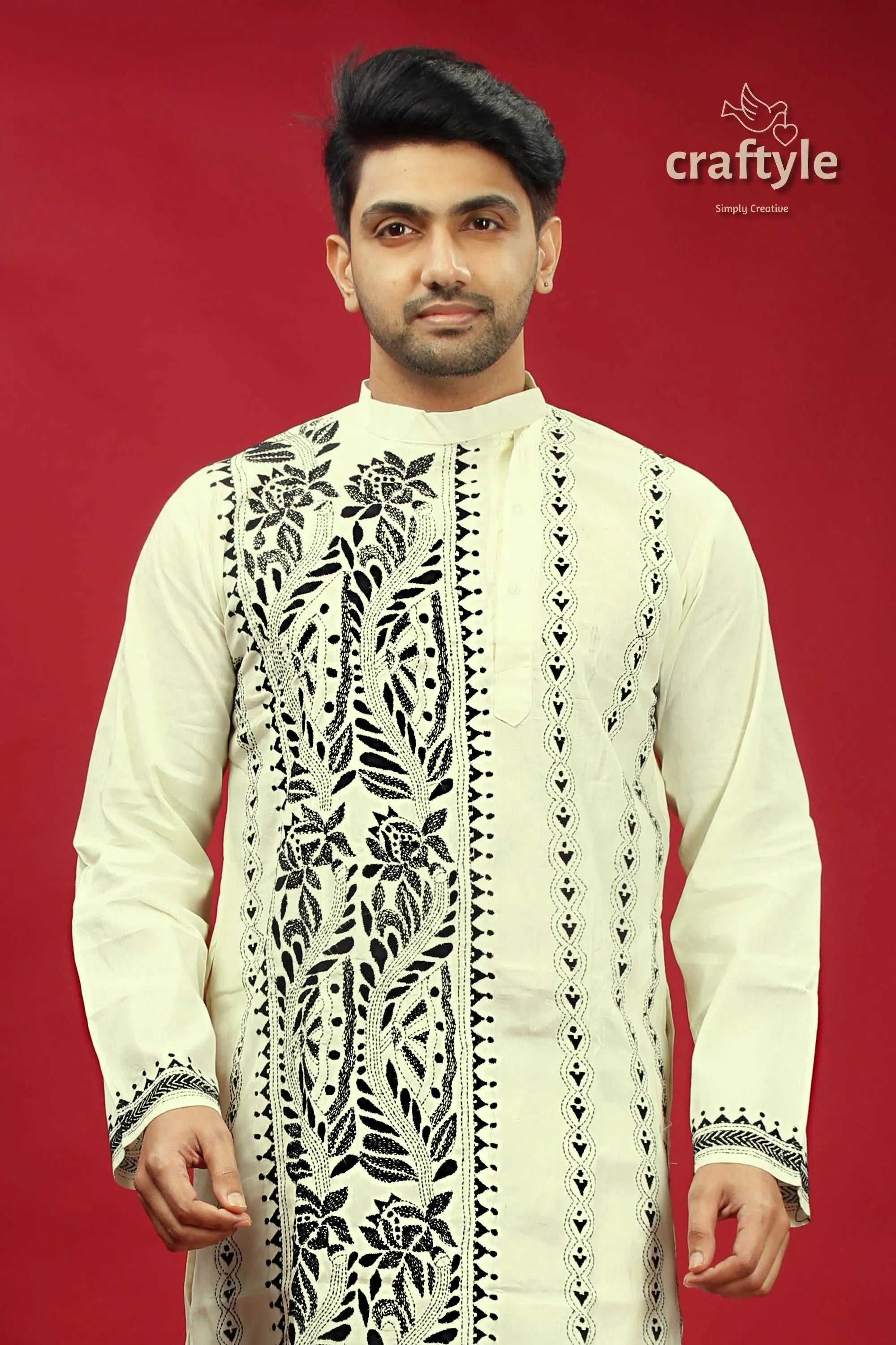 Black thread work cream-white kantha cotton panjabi for men embroidered cream-colored kurta 2