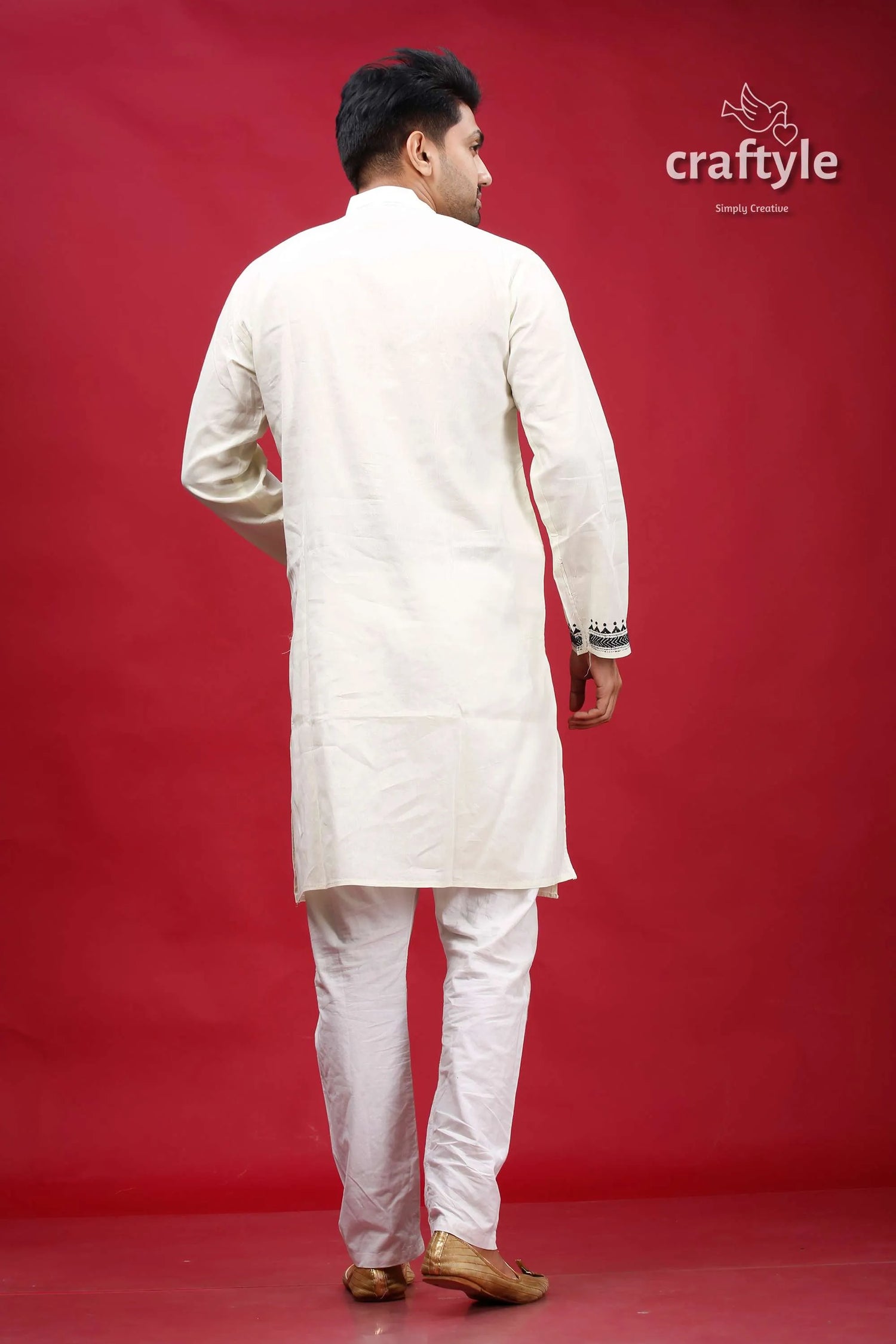 Black thread work cream-white kantha cotton panjabi for men man white kurta pajama 5