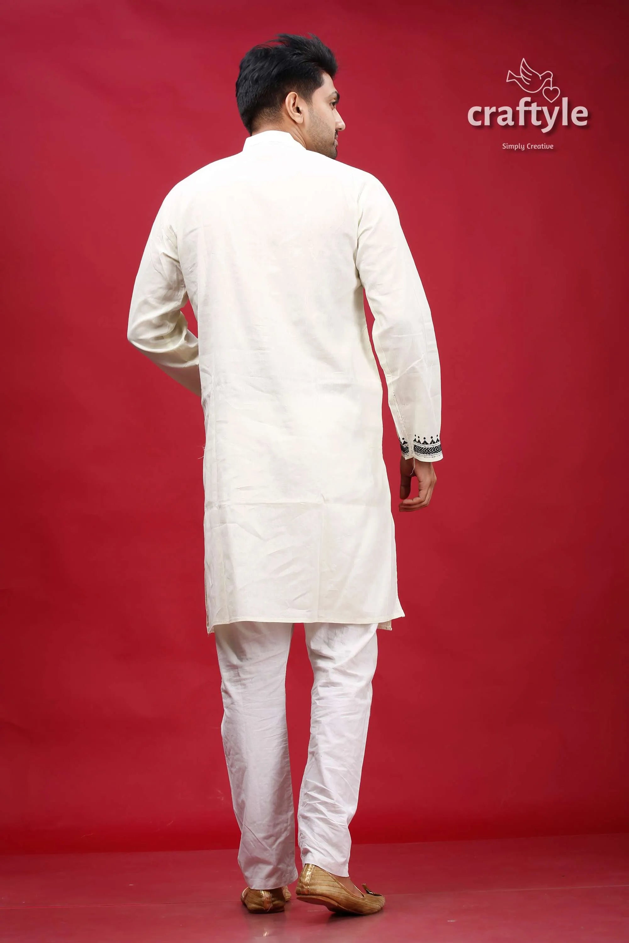 Black thread work cream-white kantha cotton panjabi for men man white kurta pajama 5
