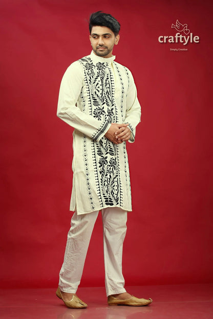 Black thread work cream-white kantha cotton panjabi for men man embroidered kurta pajama 4