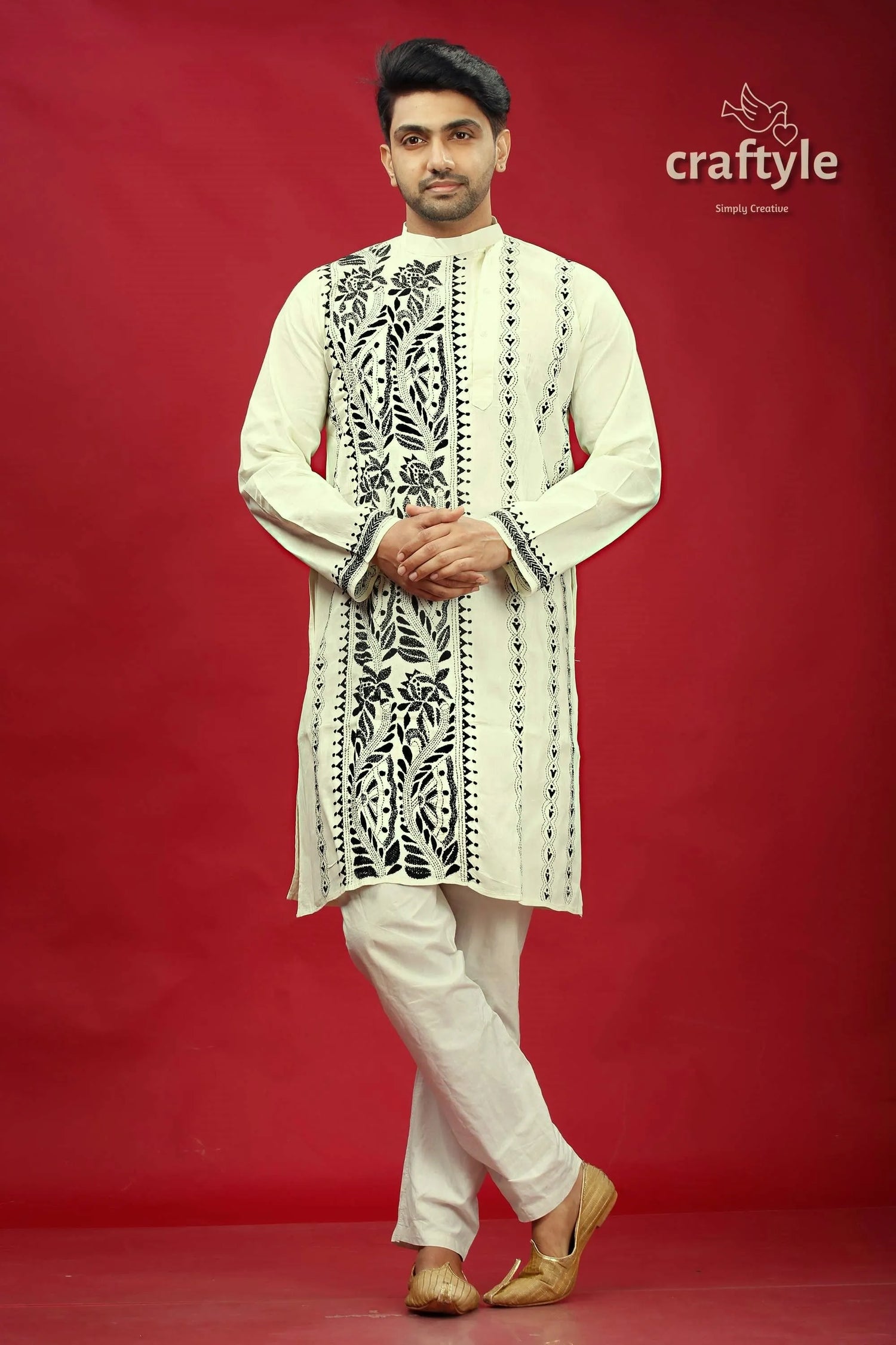 Black thread work cream-white kantha cotton panjabi for men man embroidered kurta pajama 1
