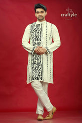 Black thread work cream-white kantha cotton panjabi for men man embroidered kurta pajama 1