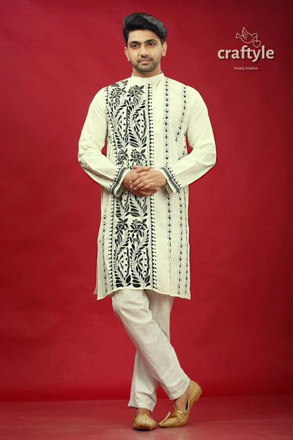 Black thread work cream-white kantha cotton panjabi for men man embroidered kurta pajama 1