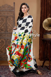 Black & White Check Design Exquisite Pure Silk Kalamkari Sari - Craftyle