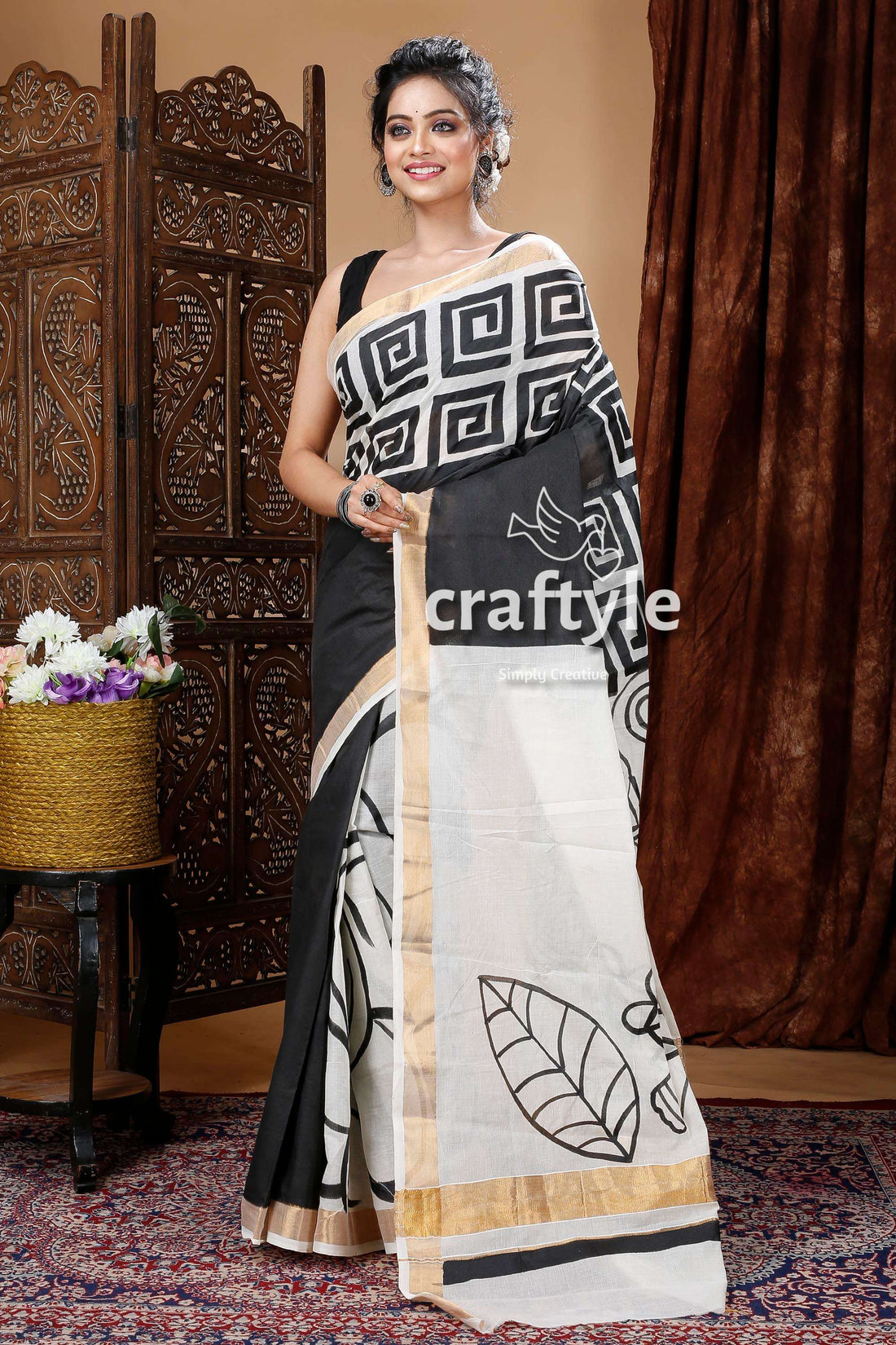 Black &amp; White Ethnic Hand Painted Kerala Cotton Saree-Craftyle