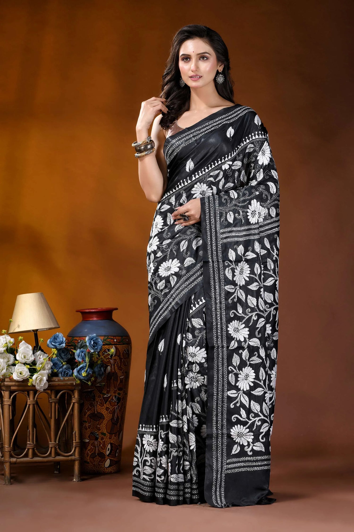 Black white floral motif handmade silk kantha stitch saree black saree intricate white floral 6