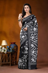 Black white floral motif handmade silk kantha stitch saree black saree intricate white floral 6