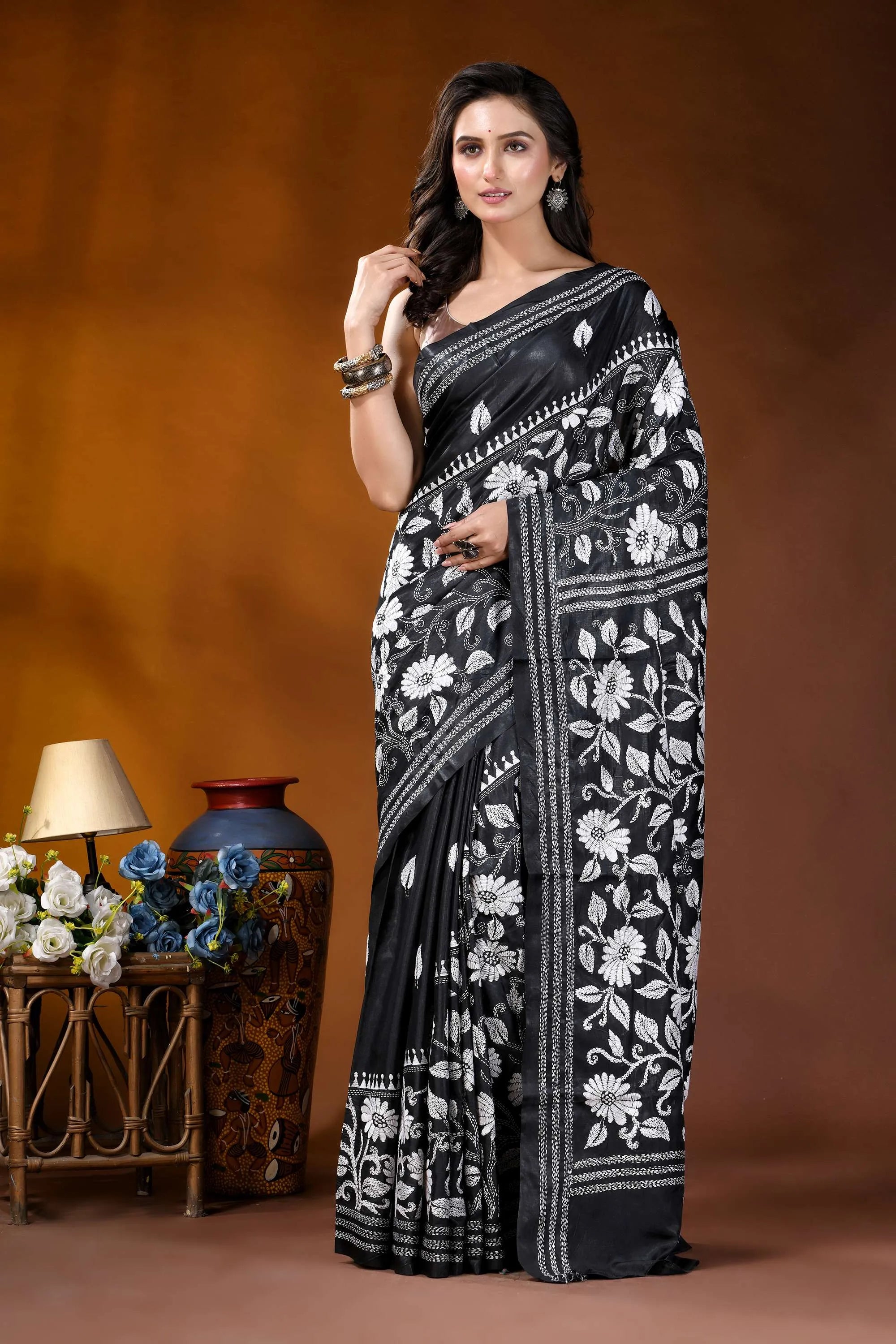 Black white floral motif handmade silk kantha stitch saree black saree intricate white floral 6