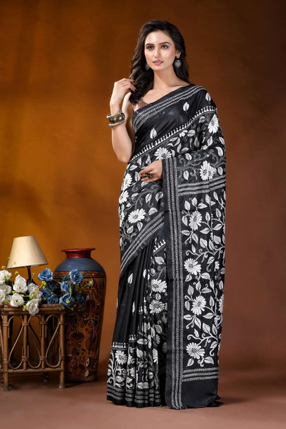 Black white floral motif handmade silk kantha stitch saree black saree intricate white floral 6
