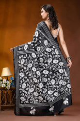 Black white floral motif handmade silk kantha stitch saree black silk saree intricate white 5