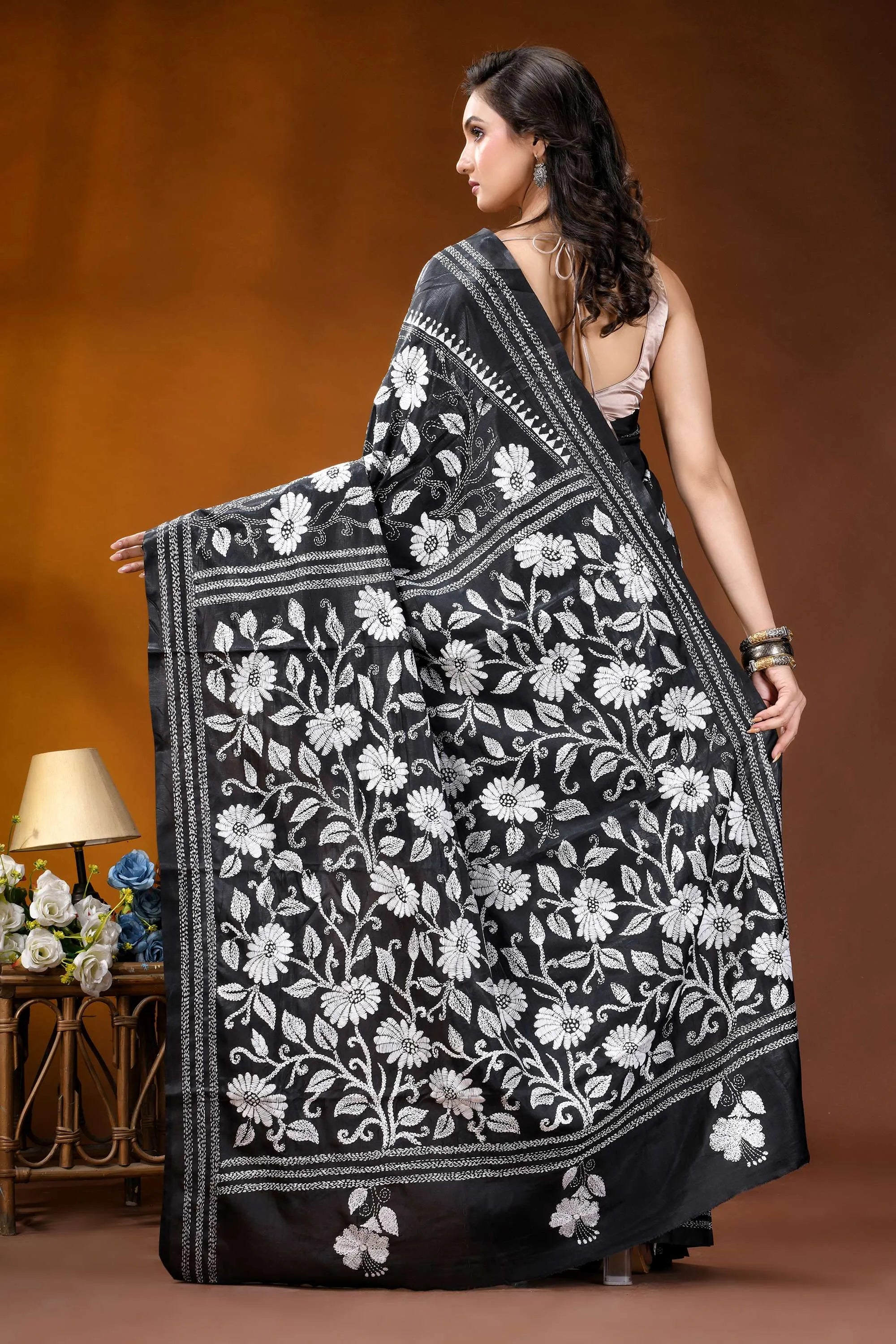 Black white floral motif handmade silk kantha stitch saree black silk saree intricate white 5