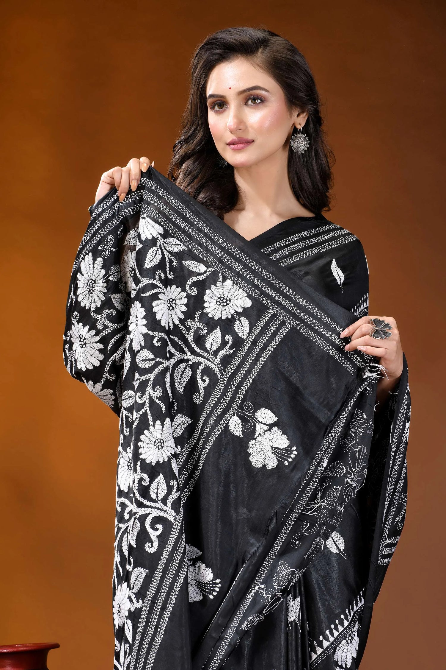 Black white floral motif handmade silk kantha stitch saree black silk saree intricate white 2