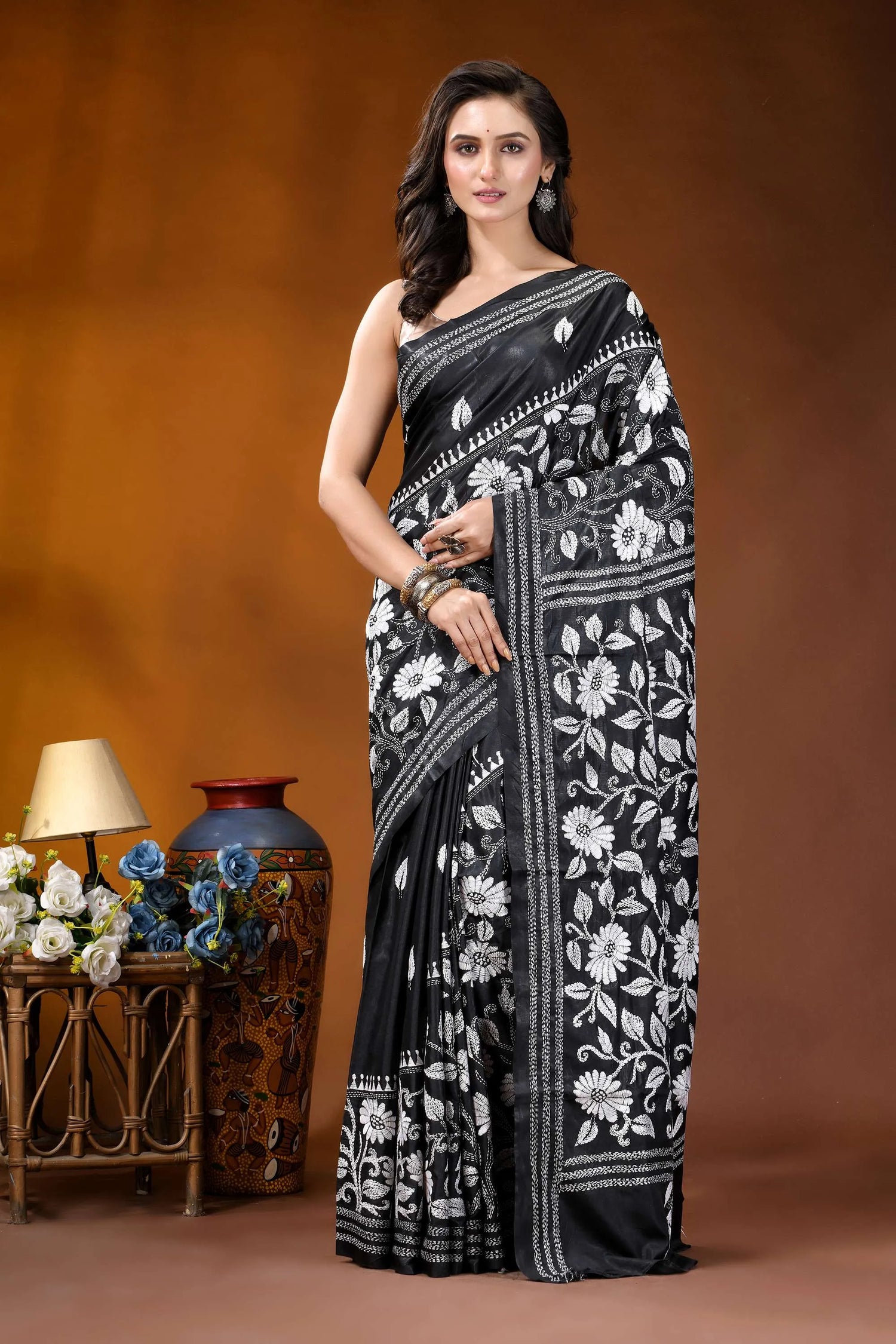 Black white floral motif handmade silk kantha stitch saree black sari intricate white floral 1