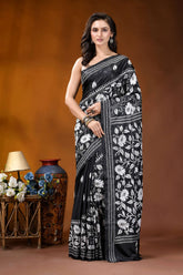 Black white floral motif handmade silk kantha stitch saree black sari intricate white floral 1