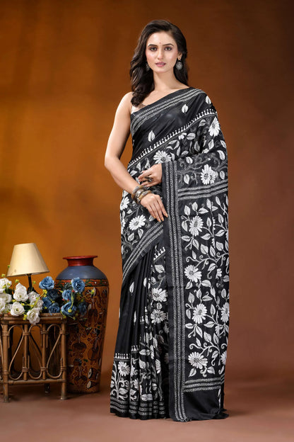 Black white floral motif handmade silk kantha stitch saree black sari intricate white floral 1