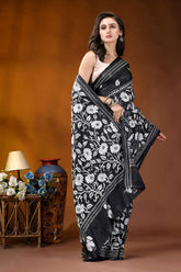Black white floral motif handmade silk kantha stitch saree black saree intricate white floral 4