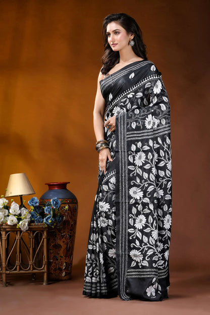 Black white floral motif handmade silk kantha stitch saree black saree intricate white floral 3
