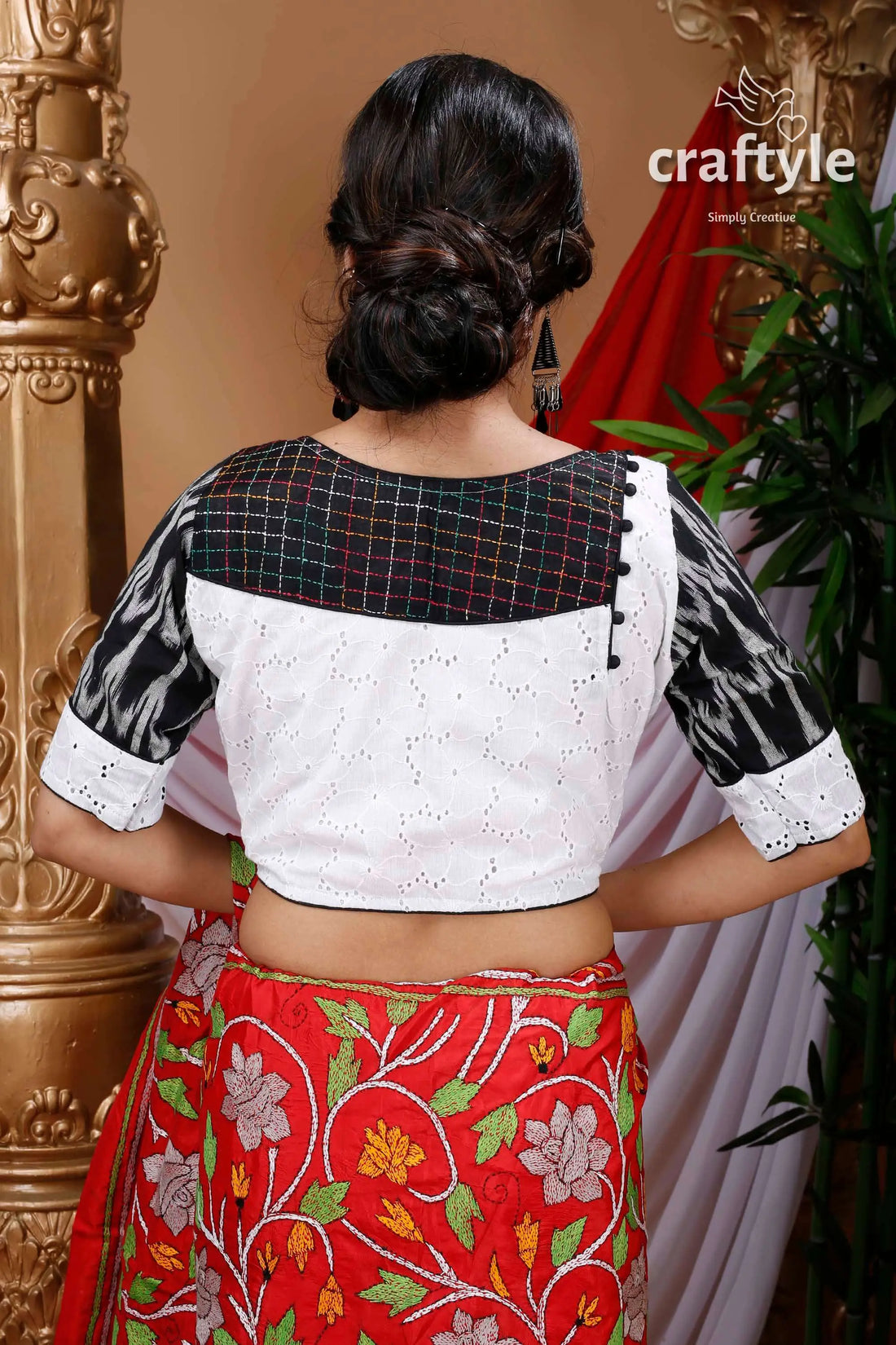 Black &amp; white hakoba ikkat designer cotton blouse woman’s patterned blouse 2