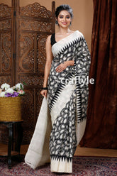 Black & White Hand Block Mulberry Pure Silk Saree - Craftyle