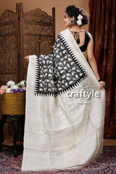 Black & White Hand Block Mulberry Pure Silk Saree - Craftyle