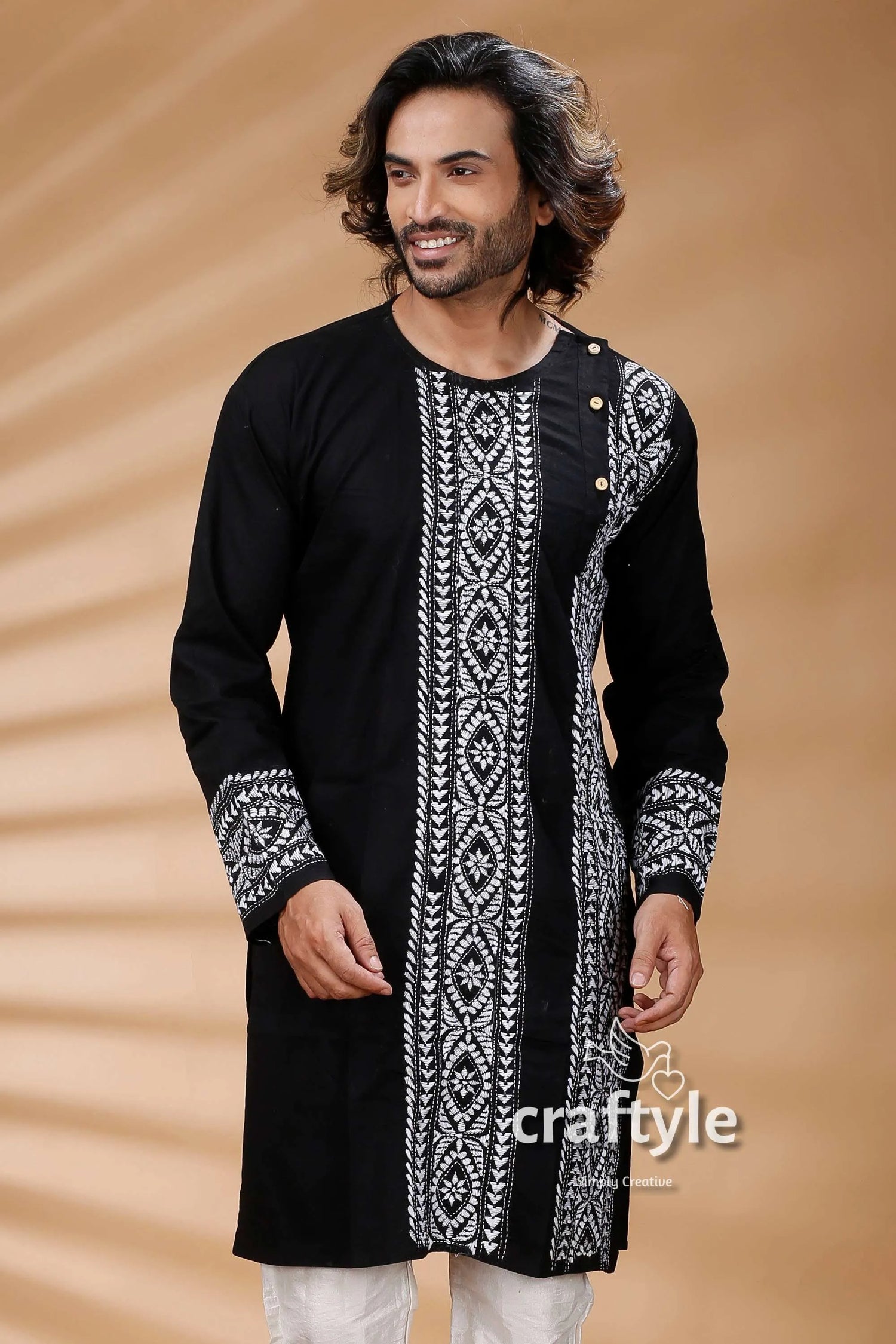 Black &amp; white kantha work hand embroidered cotton kurta intricate geometric 2