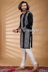 Black & white kantha work hand embroidered cotton kurta intricate 4
