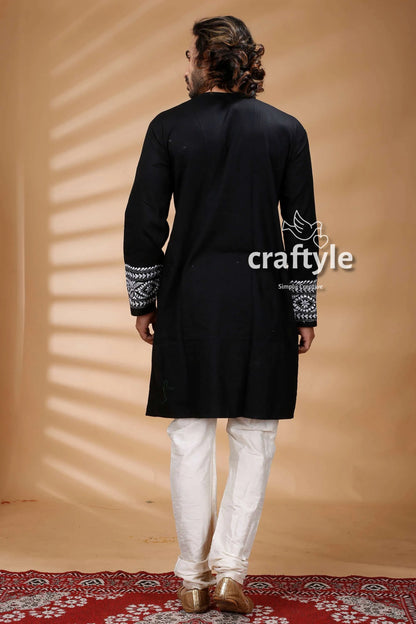 Black &amp; white kantha work hand embroidered cotton kurta intricate 5