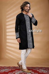 Black & white kantha work hand embroidered cotton kurta intricate 3