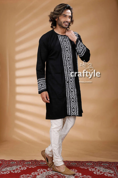 Black &amp; white kantha work hand embroidered cotton kurta intricate 3