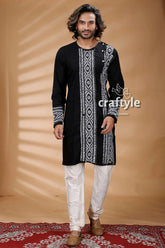 Black & white kantha work hand embroidered cotton kurta intricate geometric 1
