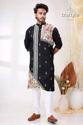 Black white with multicolor thread hand kantha stitch cotton men’s kurta embroidered colorful floral 1