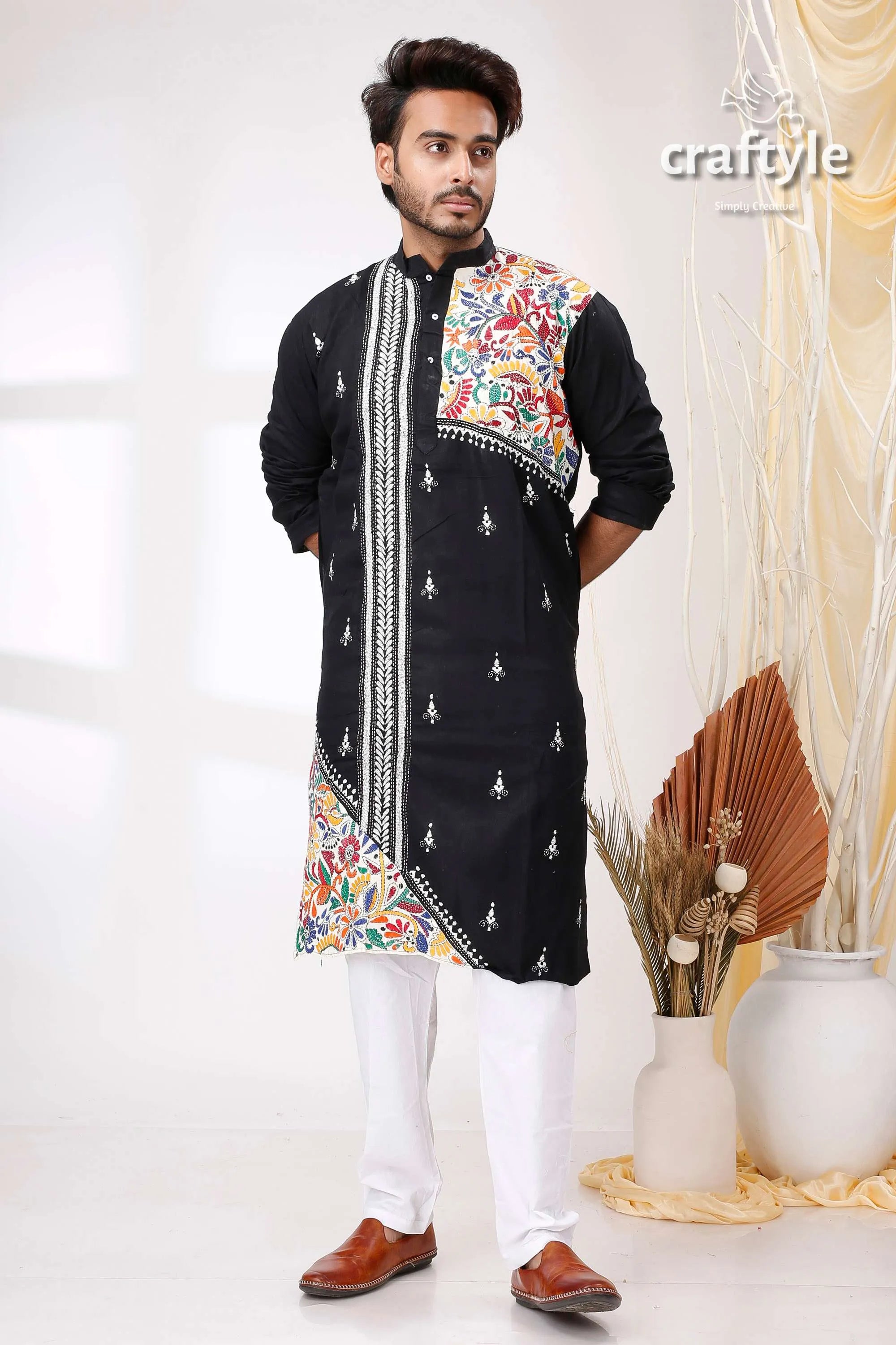 Black white with multicolor thread hand kantha stitch cotton men’s kurta embroidered colorful floral 1