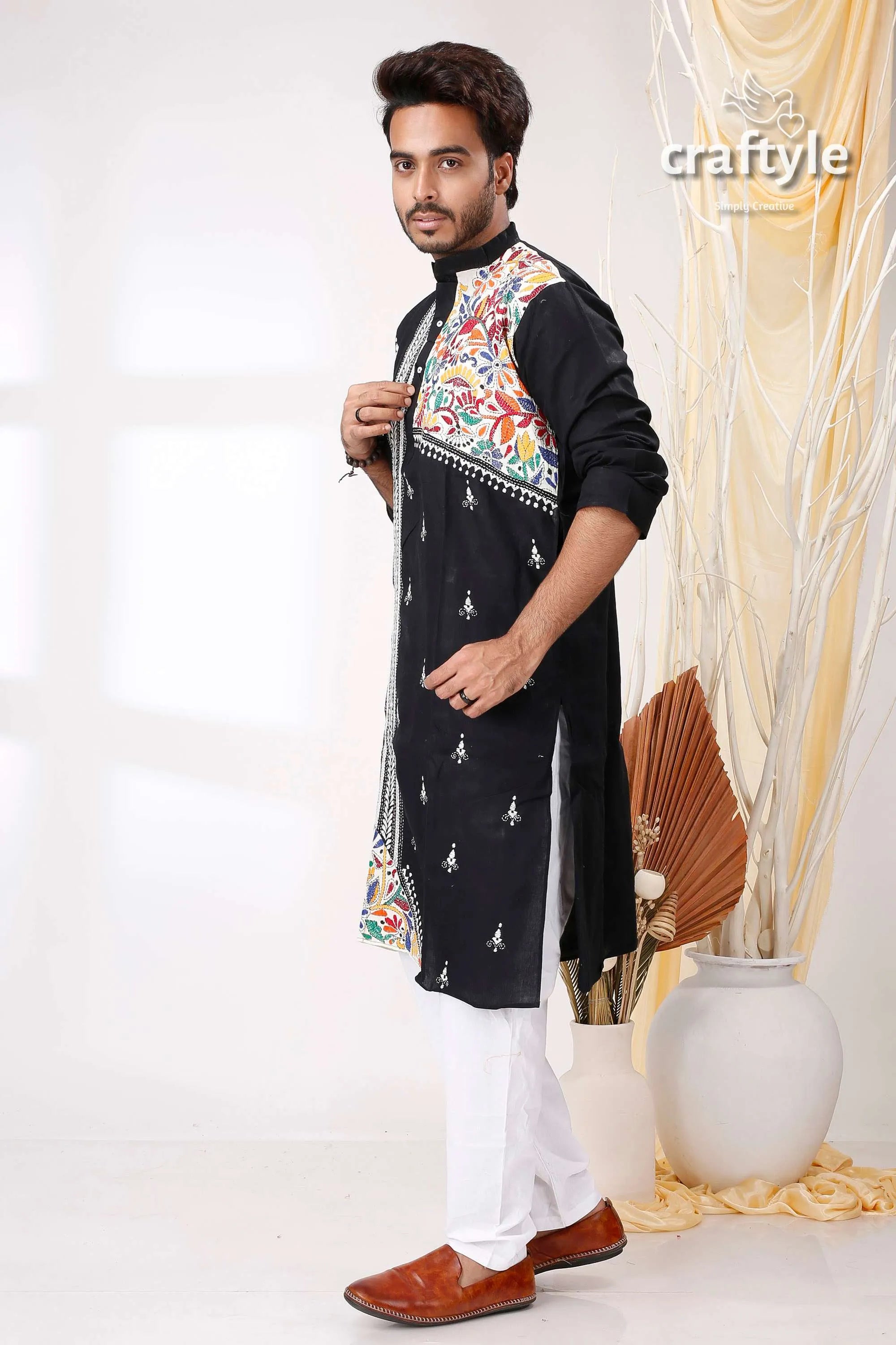 Black white with multicolor thread hand kantha stitch cotton men’s kurta embroidered vibrant colorful 3