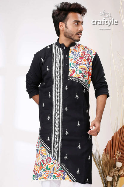 Black white with multicolor thread hand kantha stitch cotton men’s kurta embroidered vibrant colorful 2