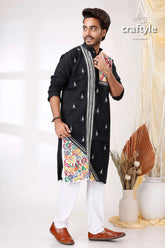 Black white with multicolor thread hand kantha stitch cotton men’s kurta embroidered colorful floral 4