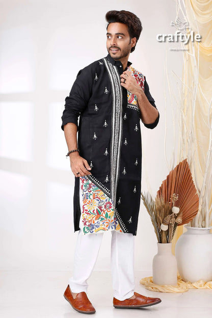 Black white with multicolor thread hand kantha stitch cotton men’s kurta embroidered colorful floral 4