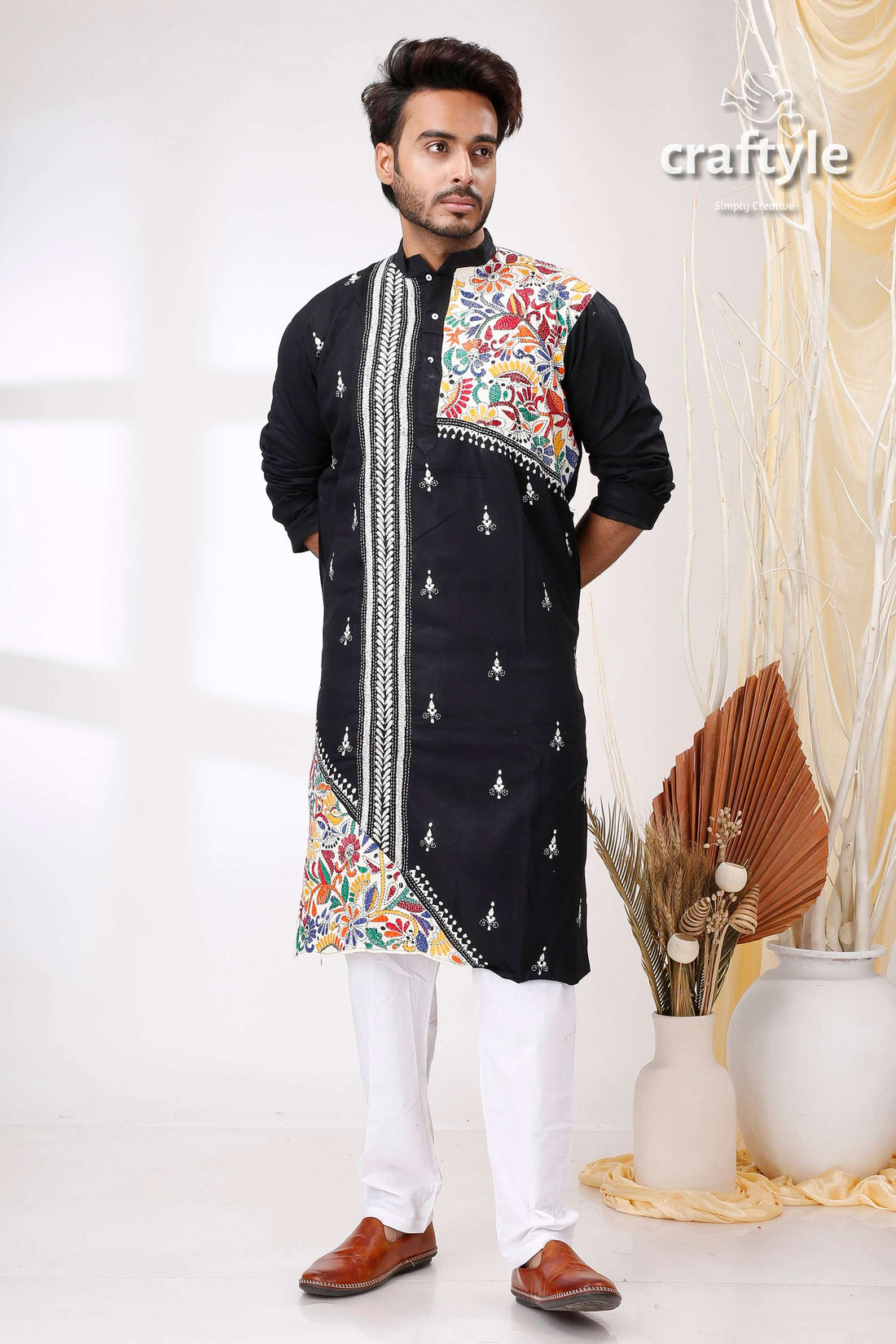 Black White with Multicolor Thread Hand Kantha Stitch Cotton Men&
