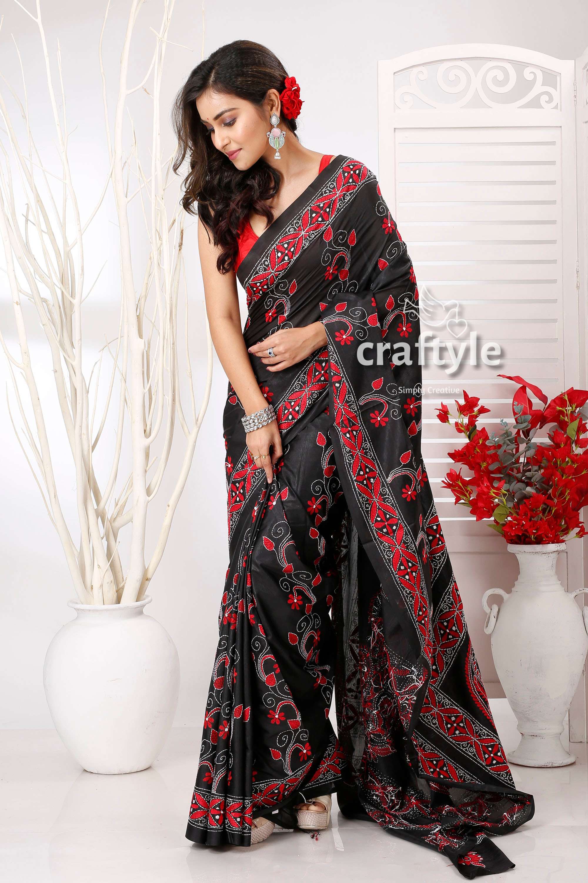 Black with Crimson Red Silk Kantha Stitch Saree - Craftyle