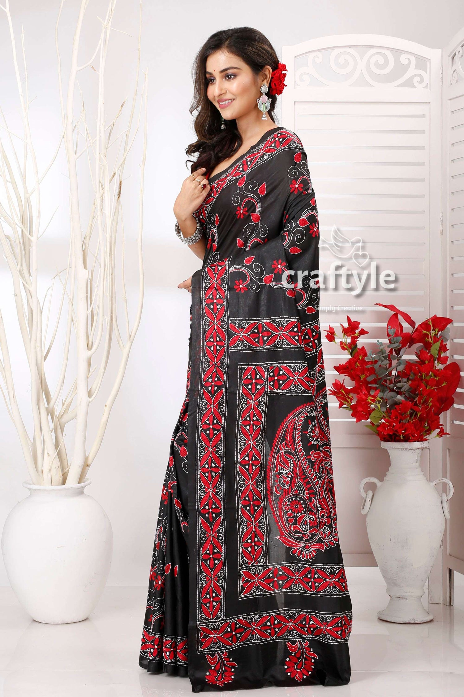 Black with Crimson Red Silk Kantha Stitch Saree - Craftyle