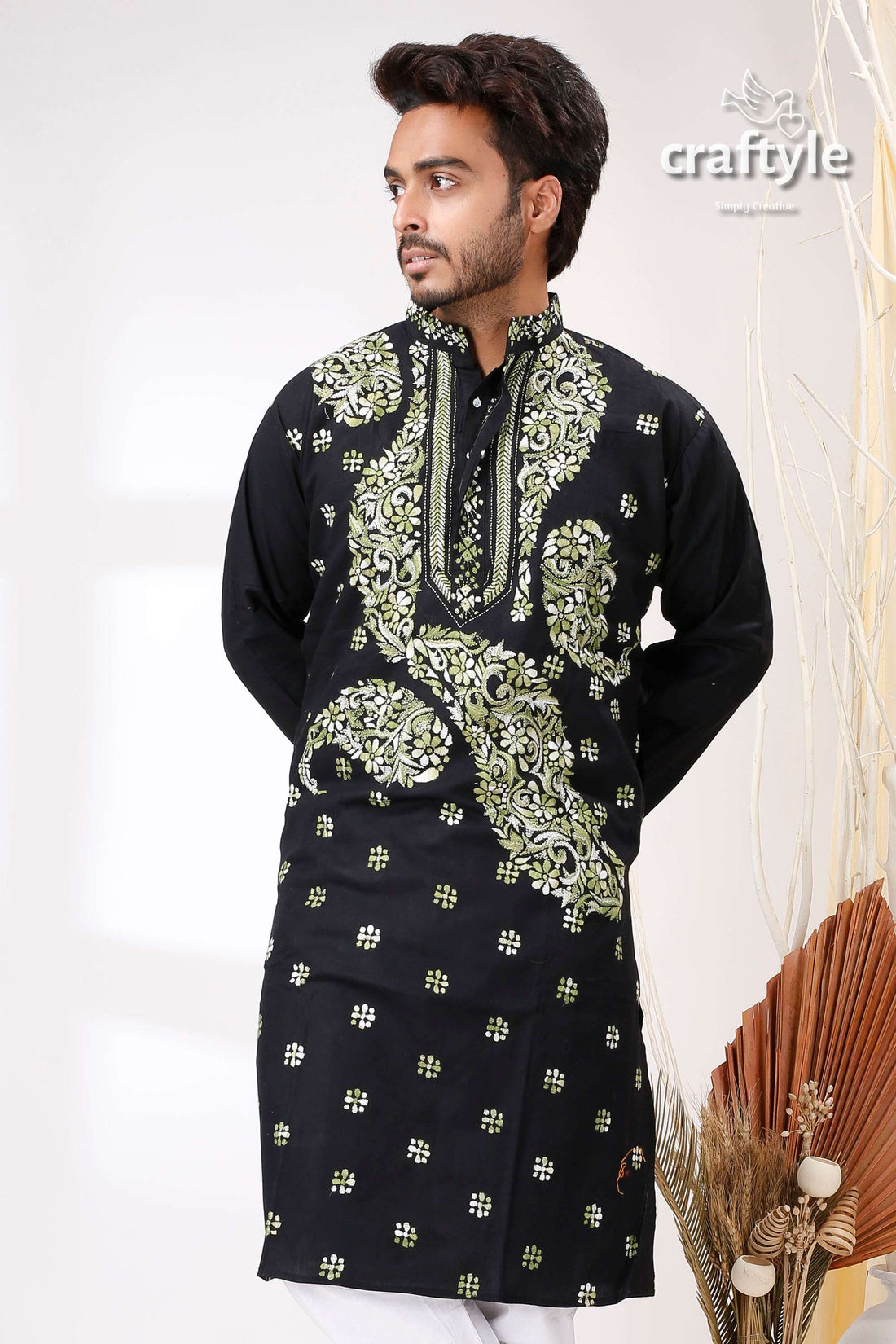 Black with Moss Green Kantha Hand Embroidery Gents Kurta - Craftyle