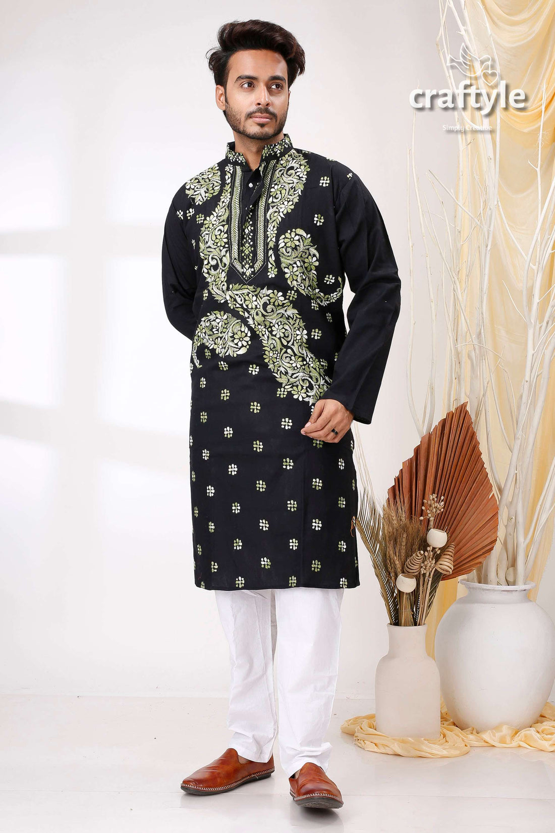 Black with Moss Green Kantha Hand Embroidery Gents Kurta - Craftyle