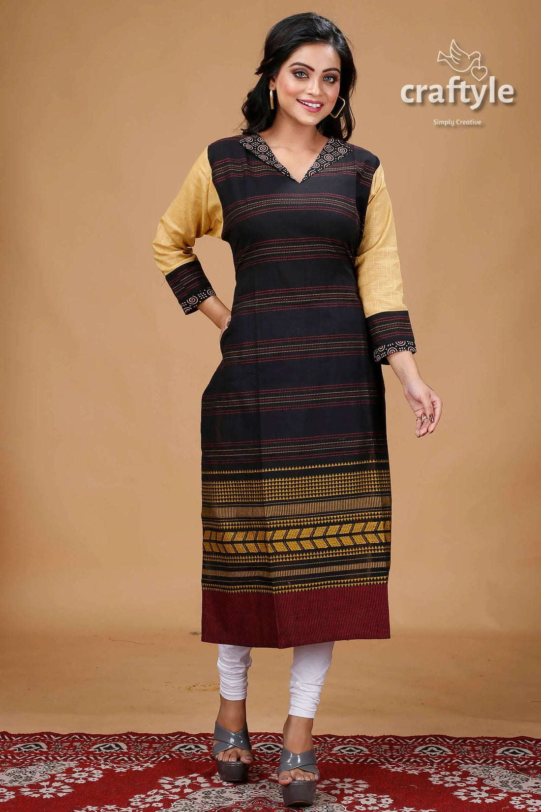 Black with multicolor cotton weaved kurti for women woman’s black gold tunic 1