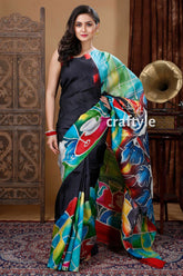 Black with Multicolor Hand Painted Pure Mulberry Silk Sari - Craftyle