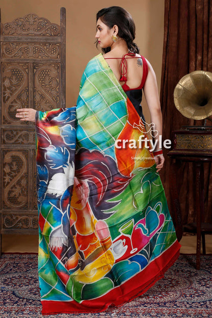 Black with Multicolor Hand Painted Pure Mulberry Silk Sari - Craftyle