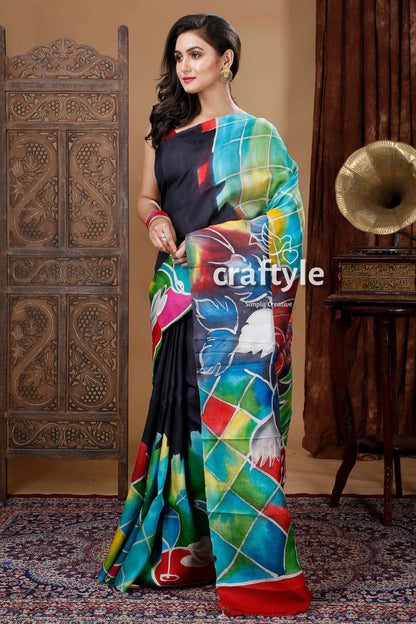 Black with Multicolor Hand Painted Pure Mulberry Silk Sari - Craftyle