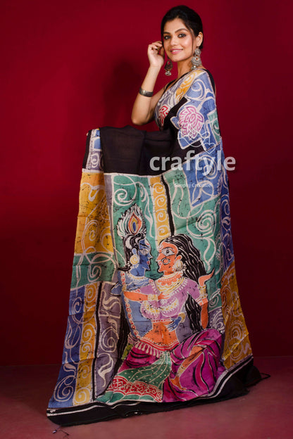 Black with Multicolor Radha Krishna Painted Hand Batik Pure Mulberry Silk Saree - Craftyle