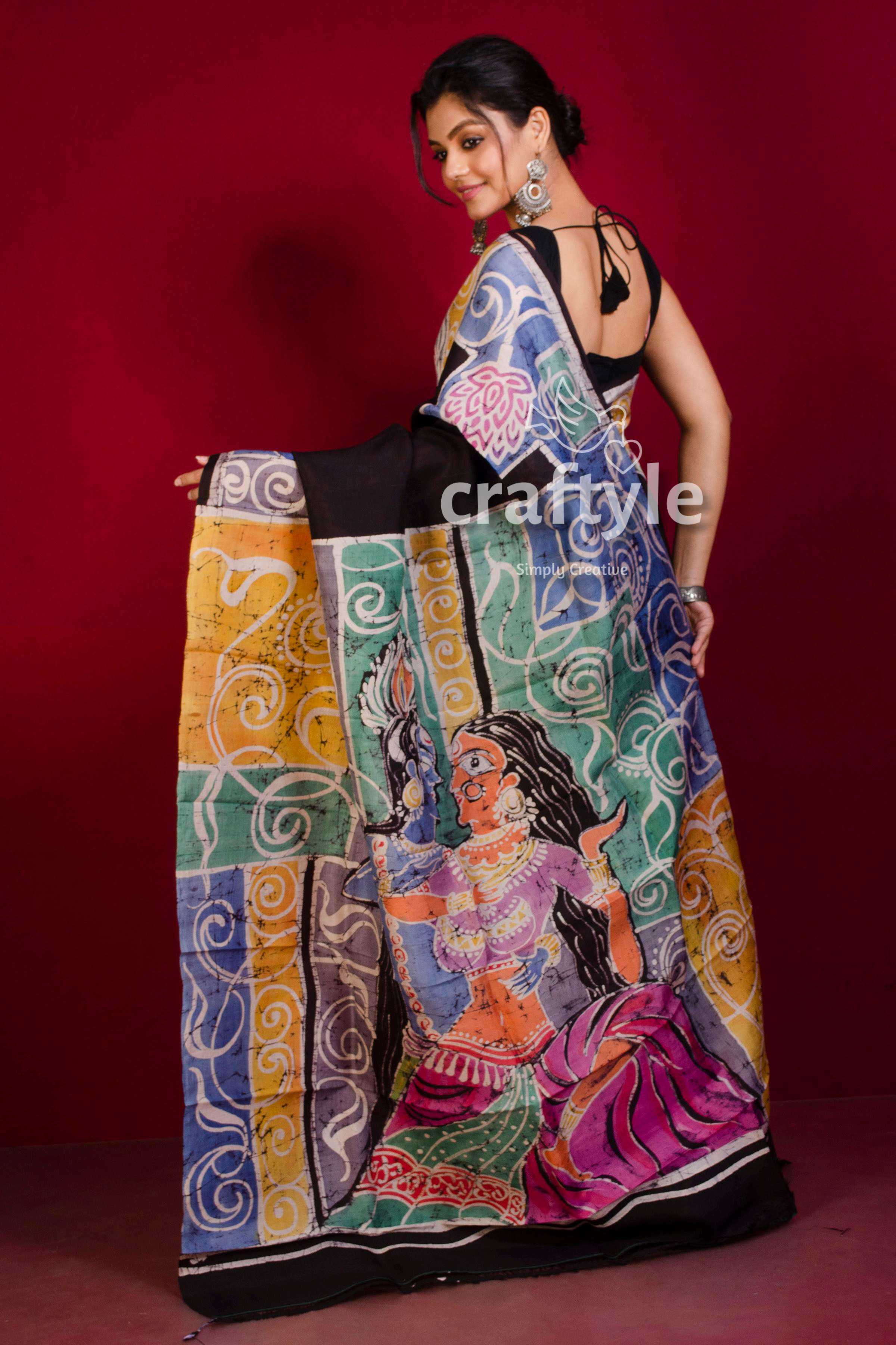Black with Multicolor Radha Krishna Painted Hand Batik Pure Mulberry Silk Saree - Craftyle